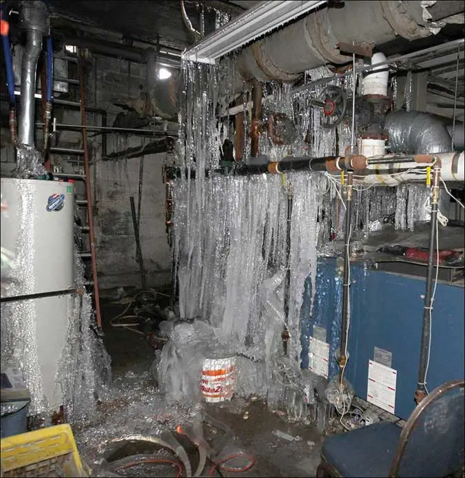 icicles in basement, frozen water leak everywhere