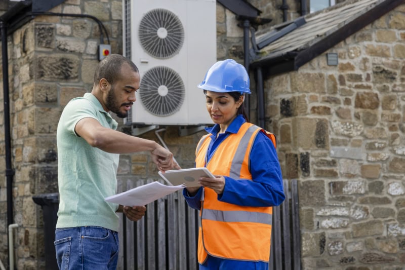 Homeowner talking with HVAC company regarding his mounted heat pump installation service.