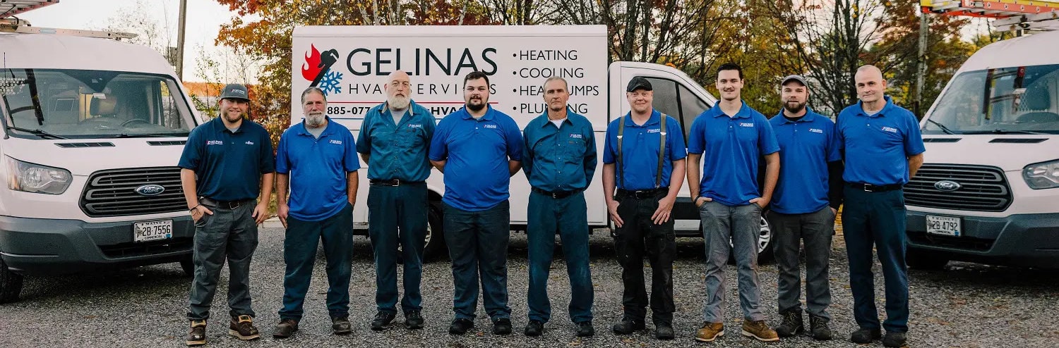 Gelinas HVAC Services' service team in front of service vehicles at Scarborough office.
